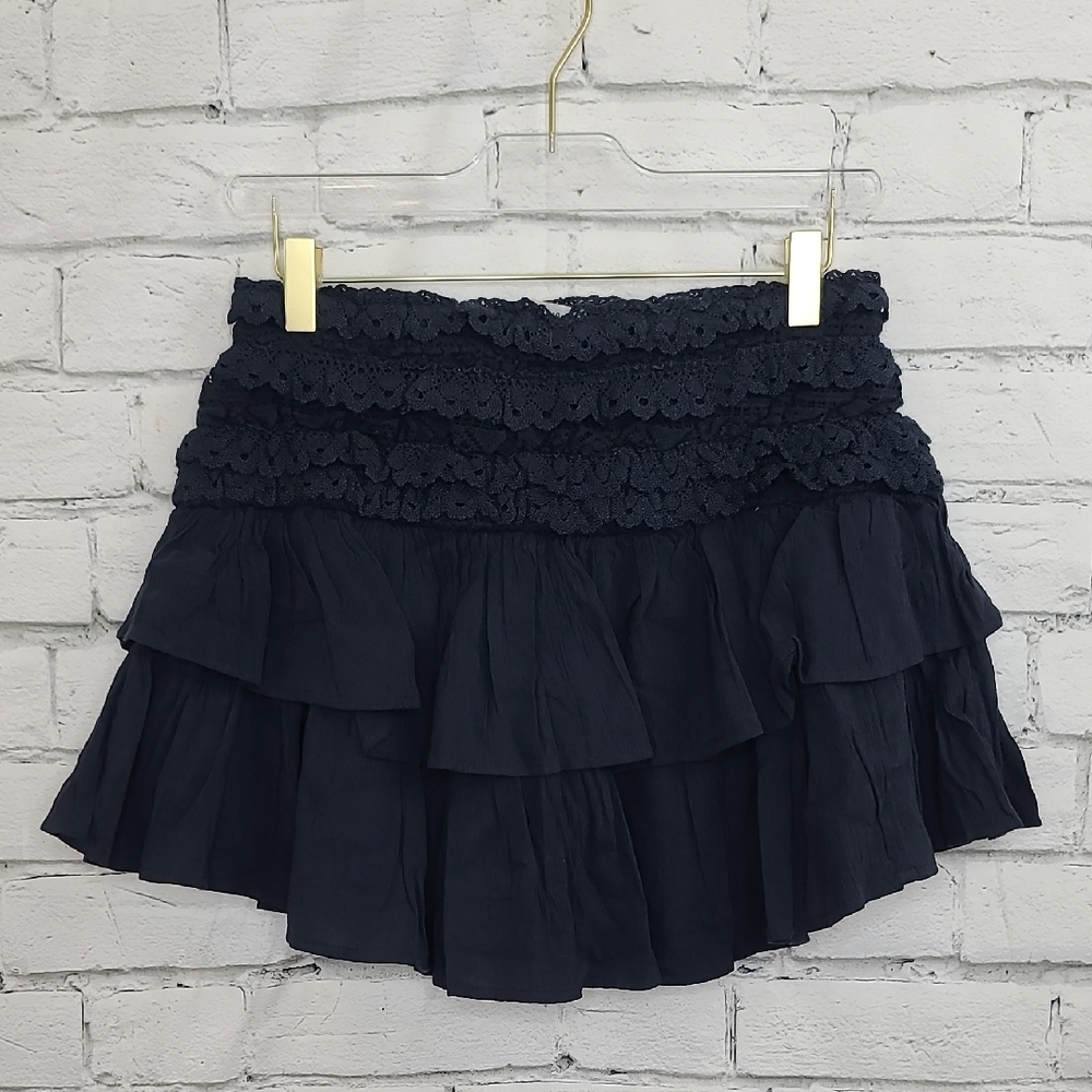 AE Stretch Flirty High-Waisted Cotton Blend Tiered Ruffle Mini Skirt Black NWT - Picture 6 of 17